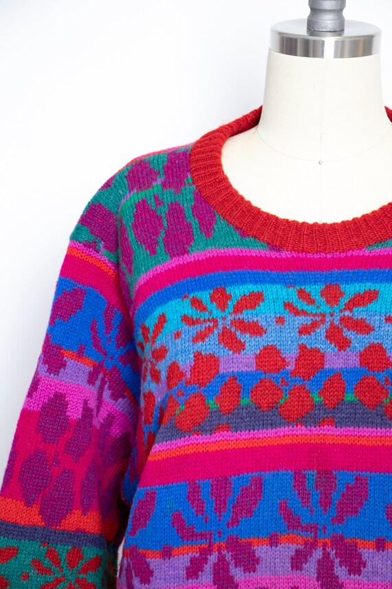 1990s Sweater Wool Bright Oversized Hand Knit M - image 5