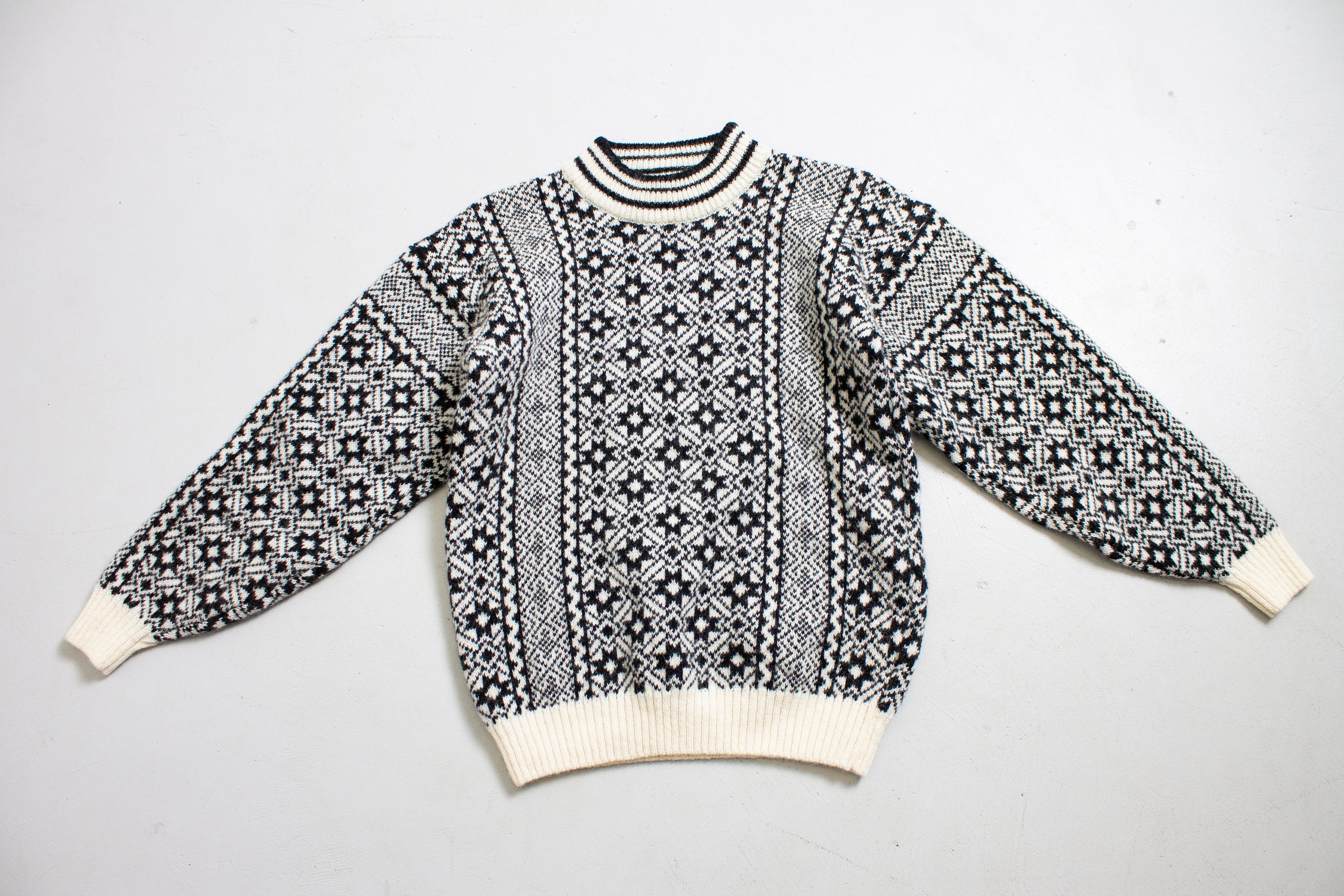 Vintage 1980s Norwegian Sweater Wool Knit Black White Pullover | Etsy