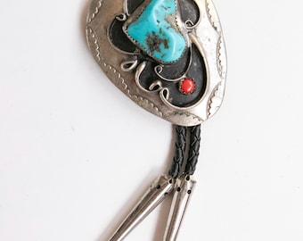 Vintage Bolokrawatte Türkis Koralle Sterling Silber Oversized Native Lederschnur