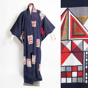 1970s Kimono Japanese Robe Embroidered Blue Rayon