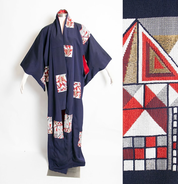1970s Kimono Japanese Robe Embroidered Blue Rayon