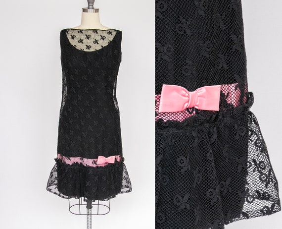 1960s Dress Black Illusion Lace Mermaid S - image 1