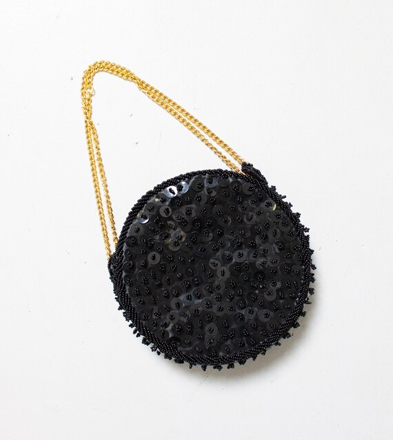 1960s Purse Black Beaded Sequin Round Evening Bag