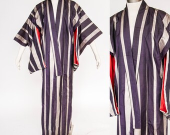 1950s Kimono Japanese Robe Raw Silk Long 60s