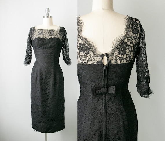 1950s Dress Black Illusion Chantilly Lace XS - image 1