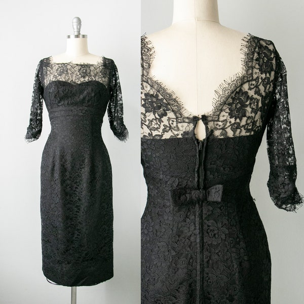 1950s Black Dress with Lace Illusion Neckline