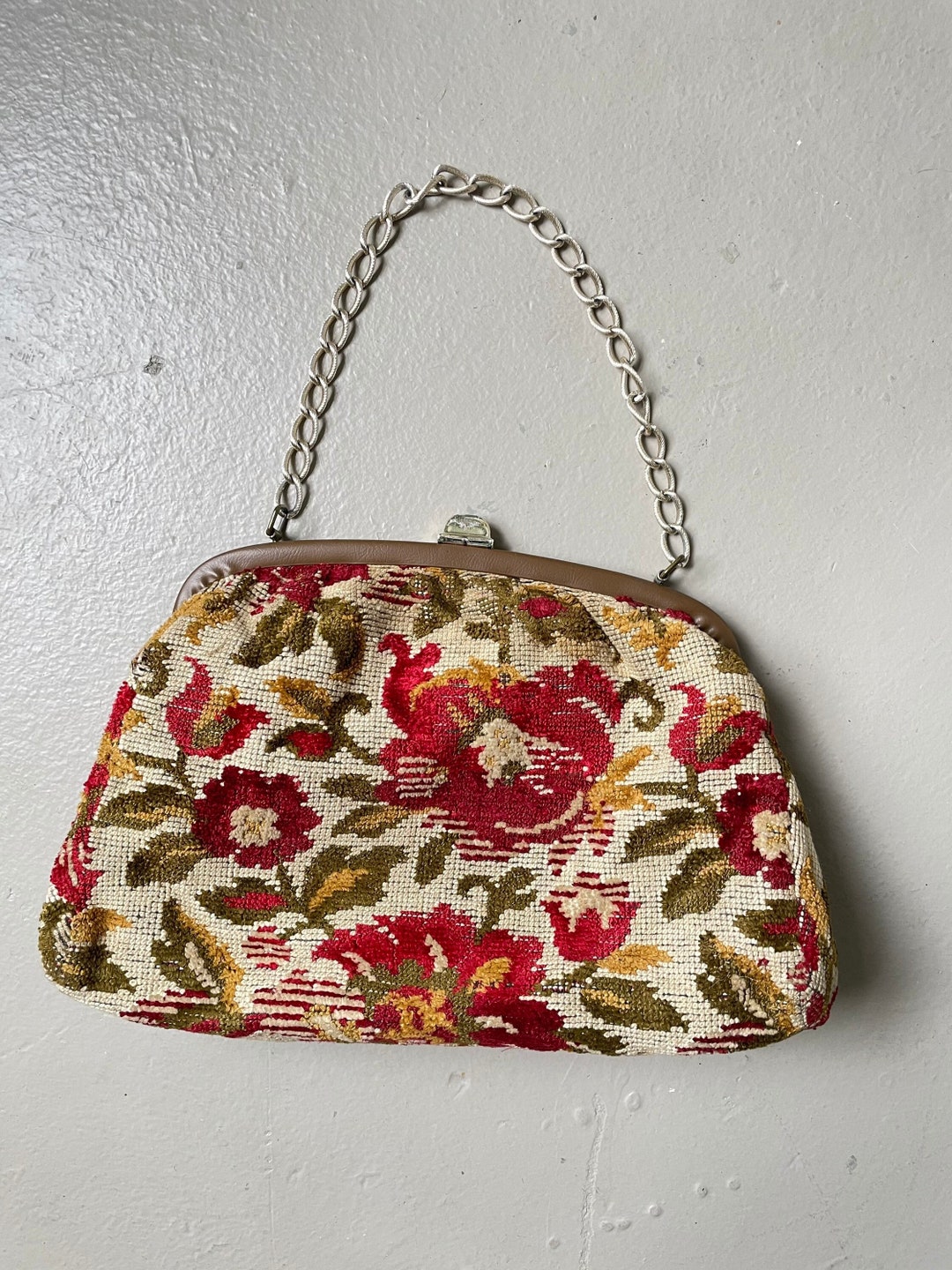 Vintage 1960's Floral Tapestry Style Handbag with Diamante Clasp