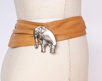 1980s Belt Tan Leather Elephant Buckle Cinch Waist