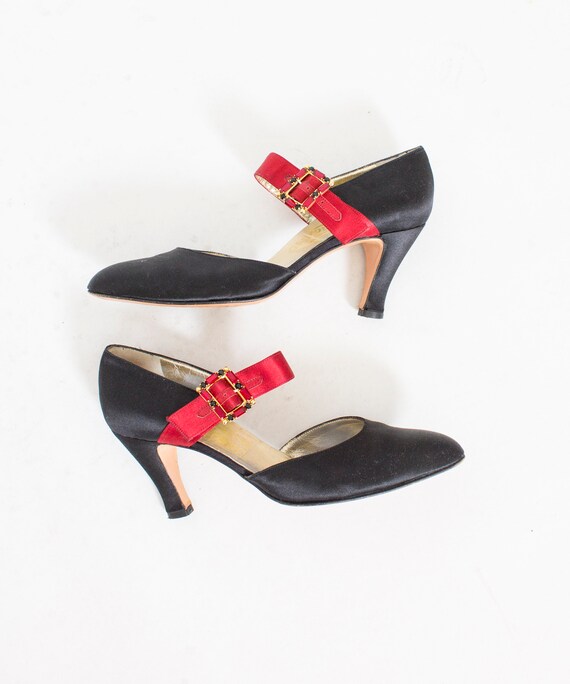 Vintage Salvatore Ferragamo Heels Black Satin Red