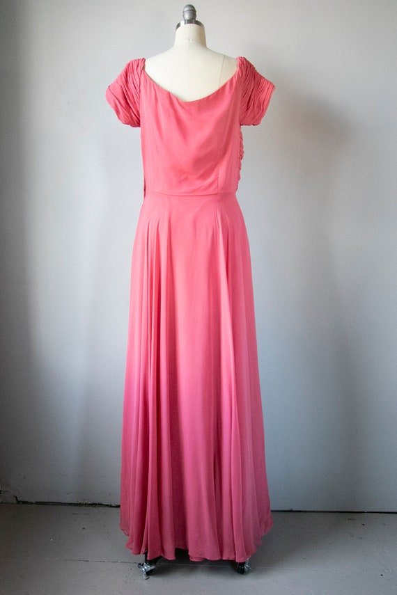 1950s Dress Pink Chiffon Ruched Gown M - image 2