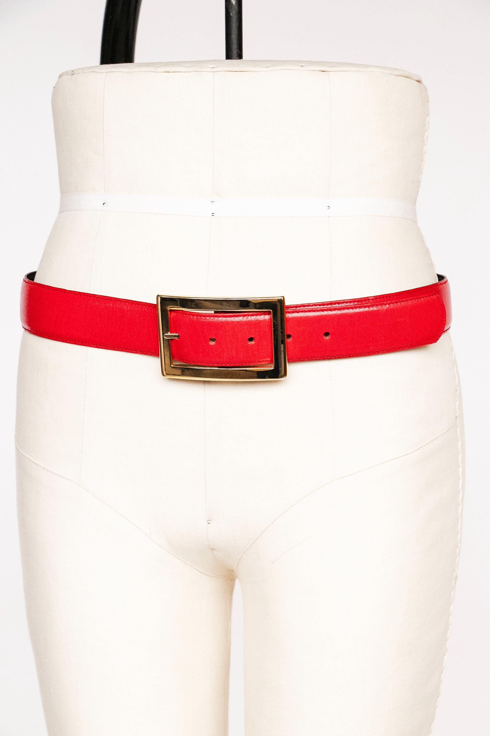 Vintage 80s Belt Cherry Red Leather Gold Buckle Cinch Waist Retro Statement Glam Leather Gold Vintage Belts for sale | eBay main image 3