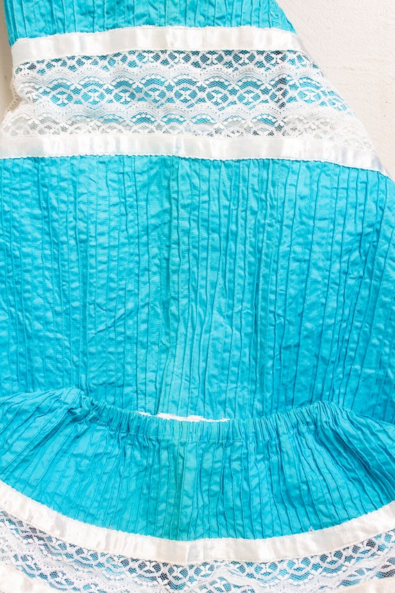 1970s Dress Mexican Lace Teal Maxi Off Shoulder L - image 9