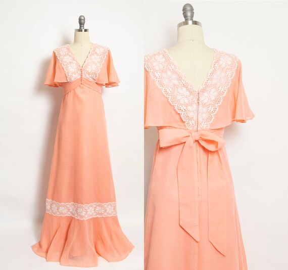 1970s Maxi Dress Peachy Cotton Lace 70s Small