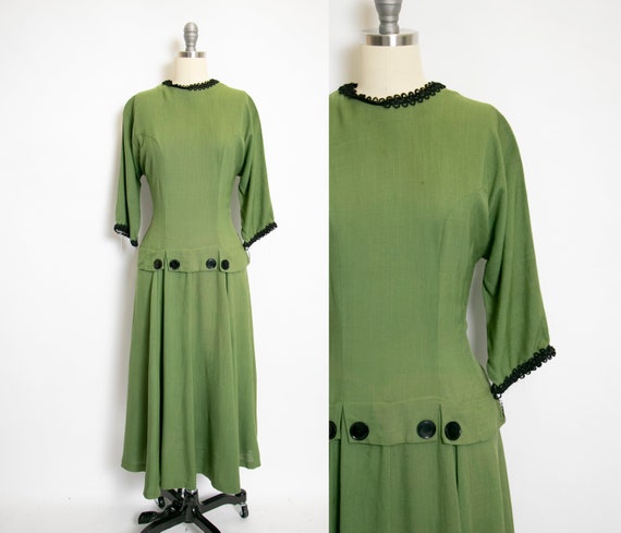 1950s Dress Green Linen Full Skirt Large