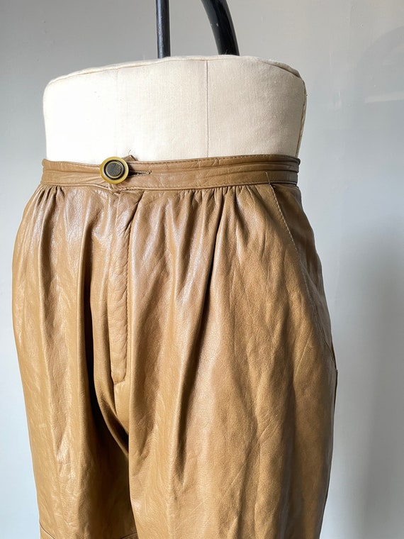 1980s Leather Pants Taupe High Waist S - image 4