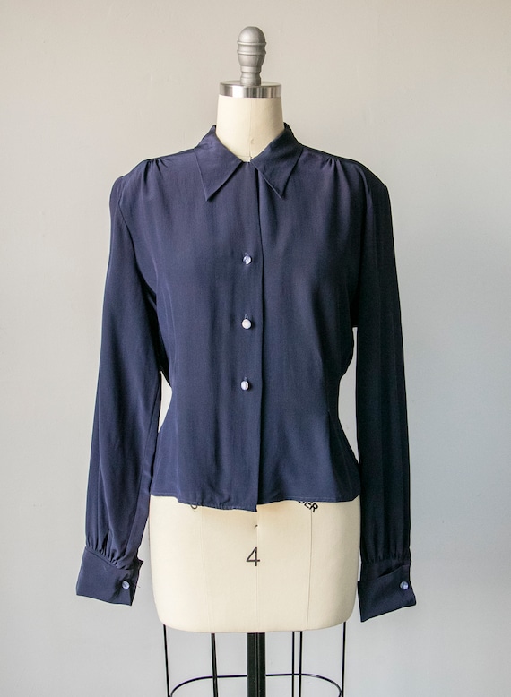1950s Blouse Rayon Navy Top M