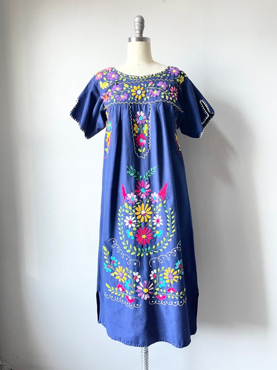 1970s Maxi Dress Mexican Embroidered Cotton S - Gem