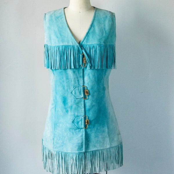 1970s Fringe Leather Vest Suede Tunic Top S