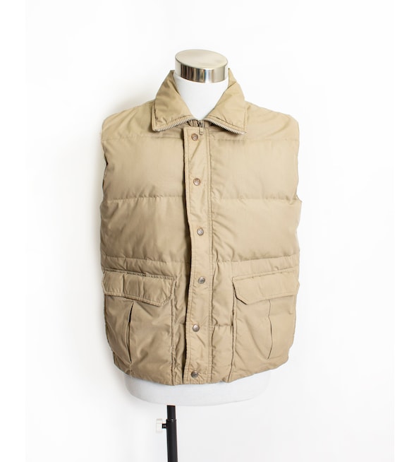1970s Down Vest Khaki Quilted Puffer L