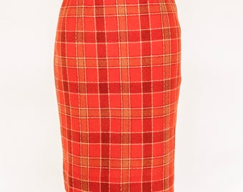 1970s Pencil Skirt Wool Plaid S/XS