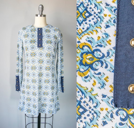 1960s Mini Dress Printed Mod Shift S - image 1