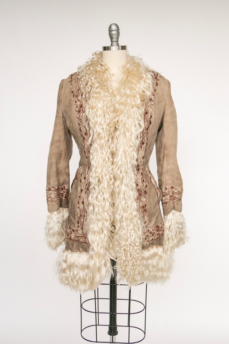 1970s Coat Embroidered Shearling Afghan Sheepskin XS image 1