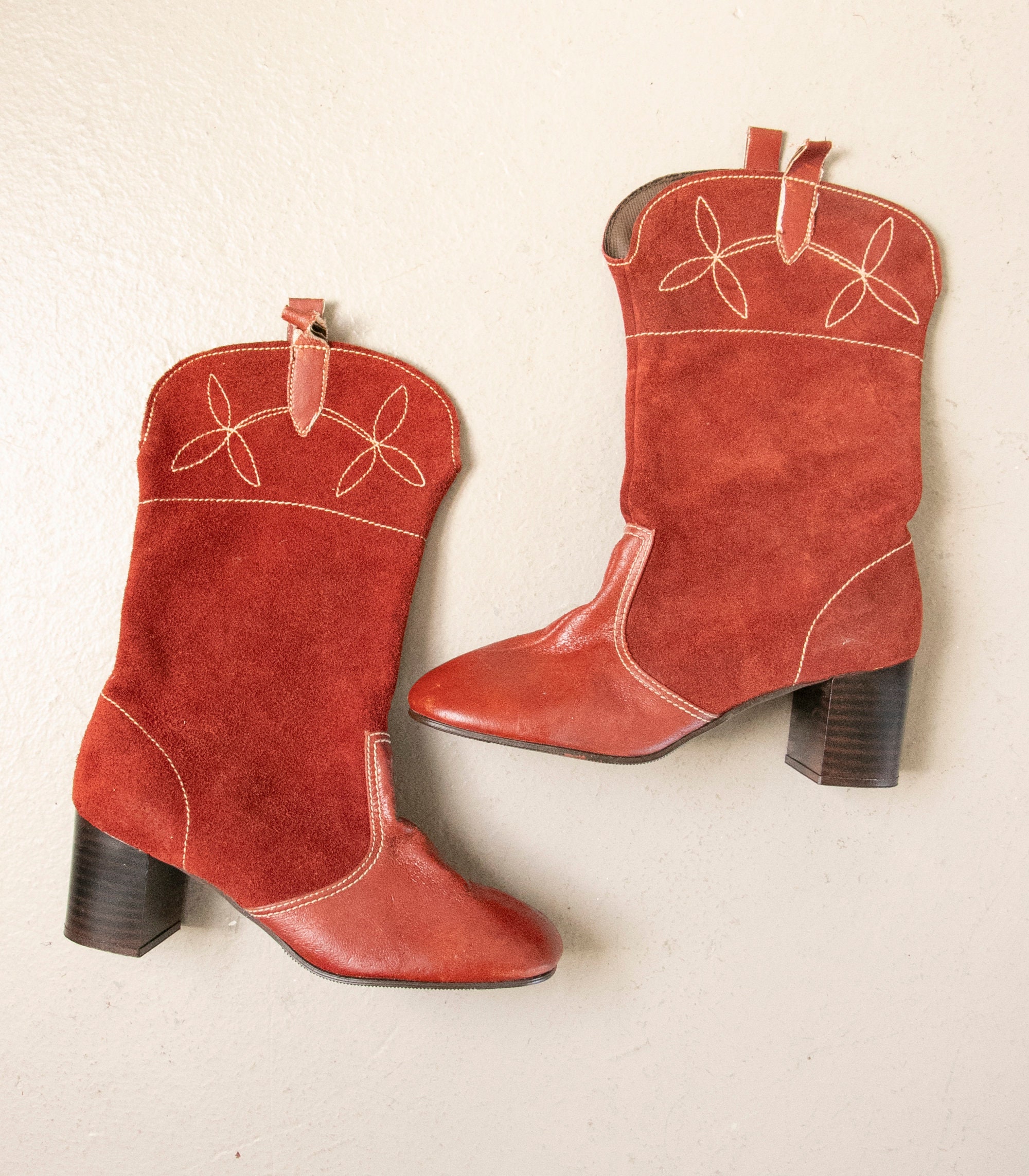 Vintage 60s 70s Red Suede Lace Up Knee High Boots by Battani, size 7-7.5