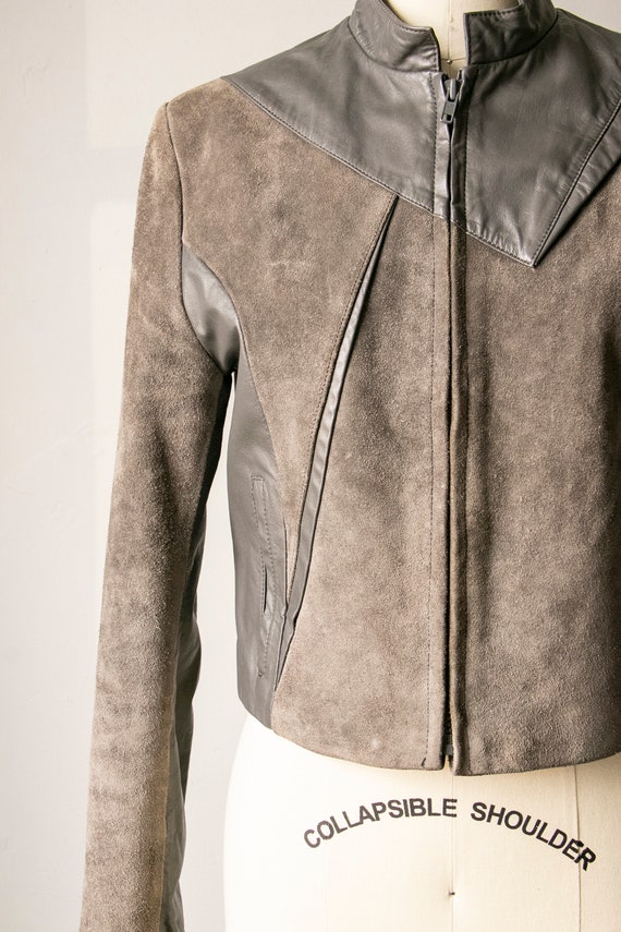 1980s Suede Leather Jacket Cropped Grey S - image 4