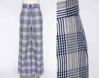 1970s Pants Plaid Cotton Wide Leg High Waist Trousers S