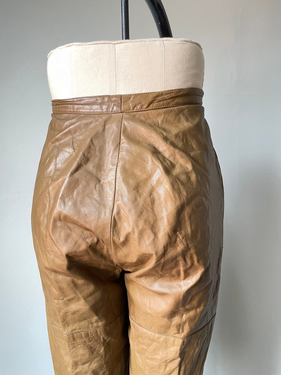 1980s Leather Pants Taupe High Waist S - image 5