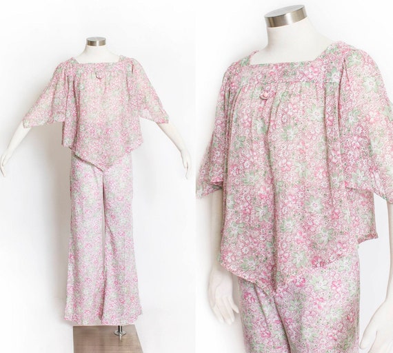 1970s Ensemble Cotton Floral Loungewear Boho S - image 1