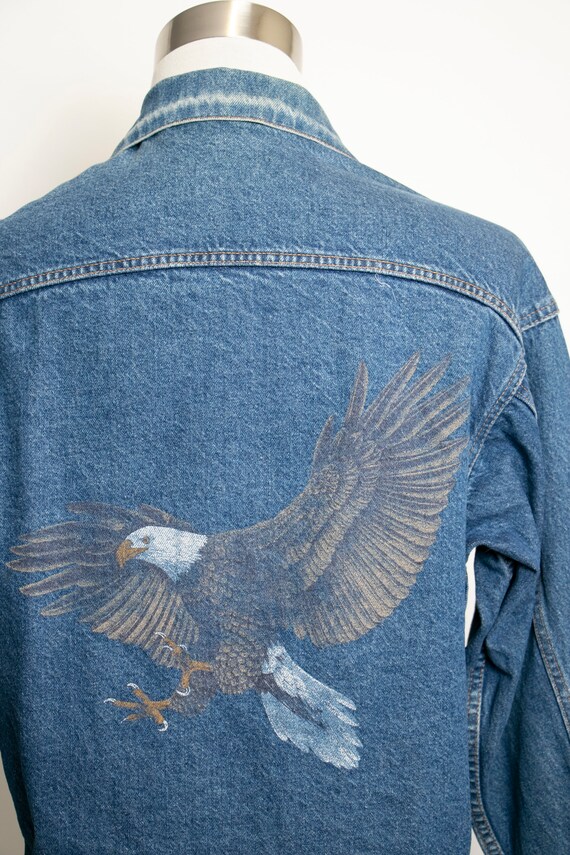1990s Denim Jacket EAGLE Painted Blue Jean M 40" - image 4