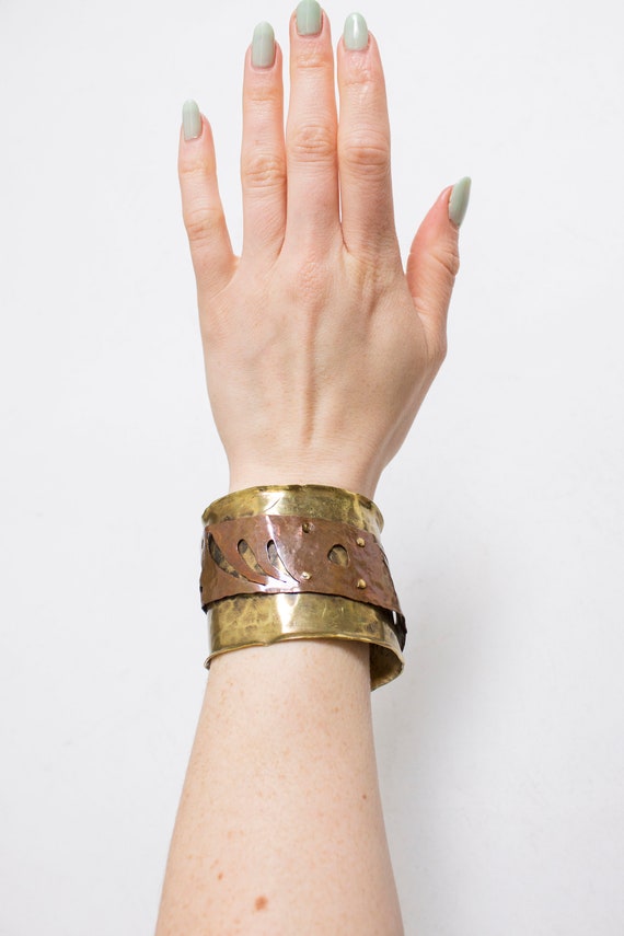 1980s Brutalist Bracelet Metal Cuff Copper Brass … - image 2