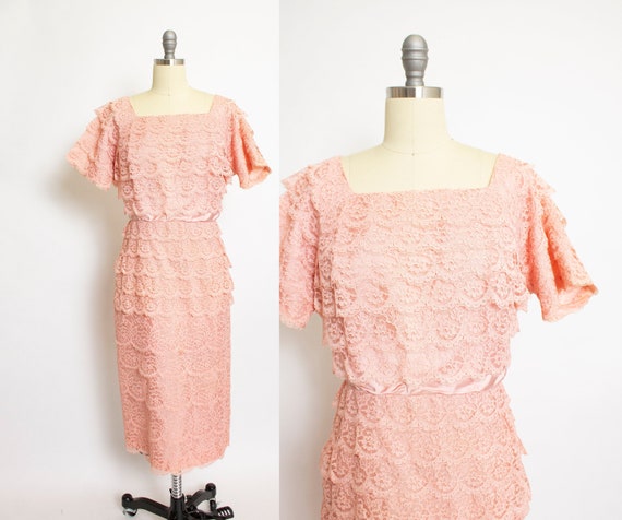 1950s Dress Pink Lace Tiered Cocktail Party Large