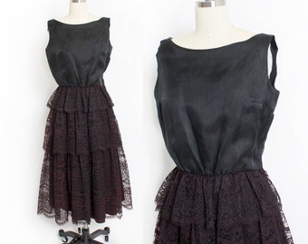 1960s Dress Tiered Black Lace Organza Full Skirt S