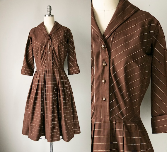 1950s Dress Striped Cotton Full Skirt Shirtwaist M - image 1