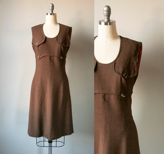 1960s Dress Brown Linen Shift S - image 1