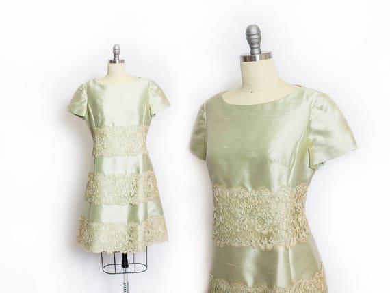 1960s Dress Silk Lace Sea Sage M