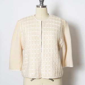 1950s Sweater Wool Knit Cardigan Cream Beaded S
