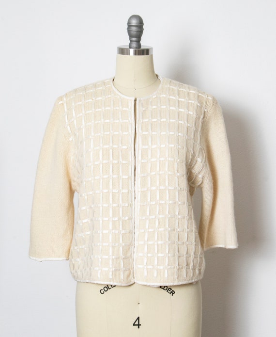 1950s Sweater Wool Knit Cardigan Cream Beaded S - image 1