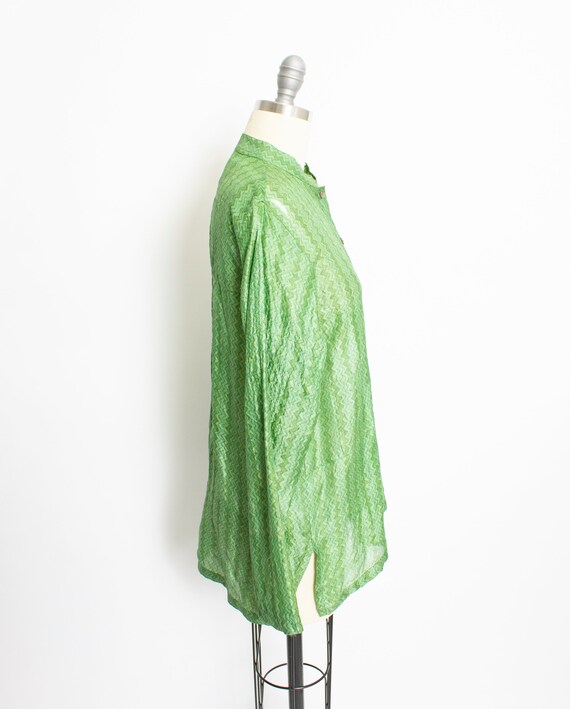 1970s India Silk Blouse Green Sheer Shirt M - image 3