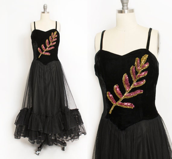 1940s Dress Black Velvet Sequin Full Skirt Tulle G