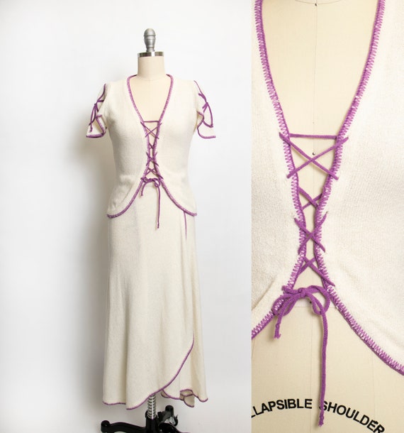 1970s Ensemble Knit Corset Top Wrap Skirt Set XS