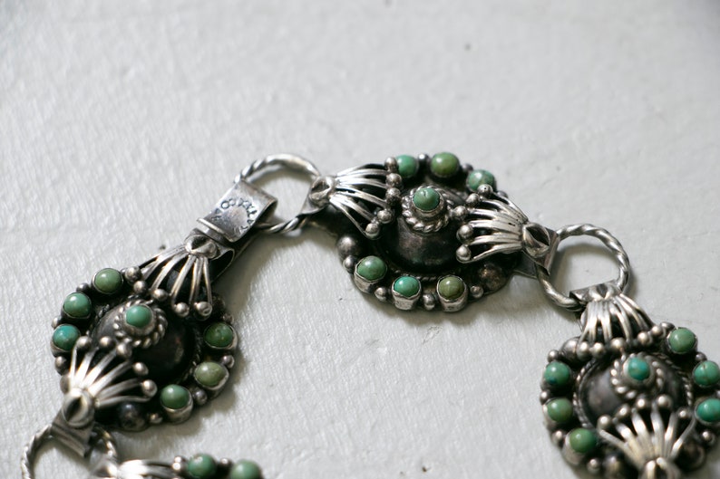 1930s Bracelet Sterling Taxco Wrought Turquoise Links
