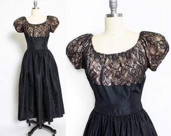 1940s Dress Black Lace Full Skirt Gown S