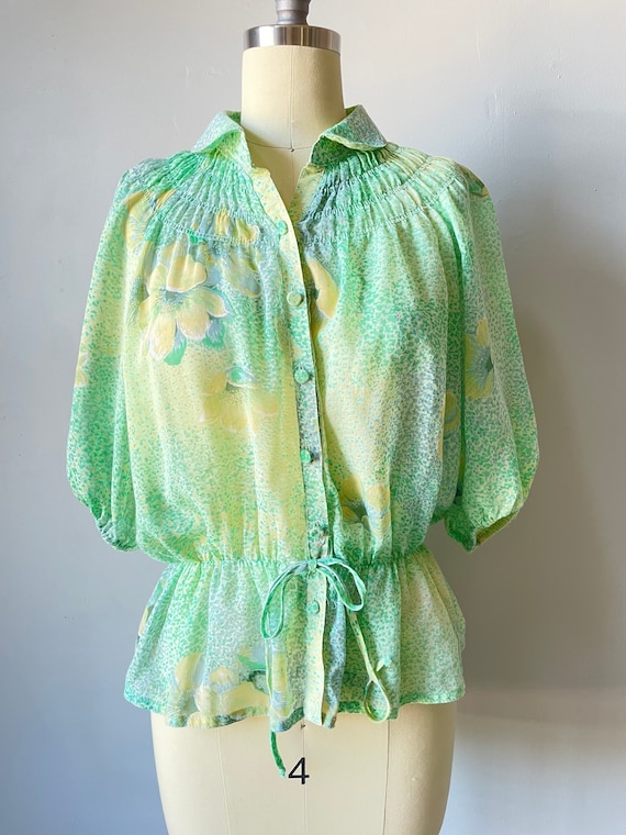 1970s Blouse Semi Sheer Floral Top L - image 1