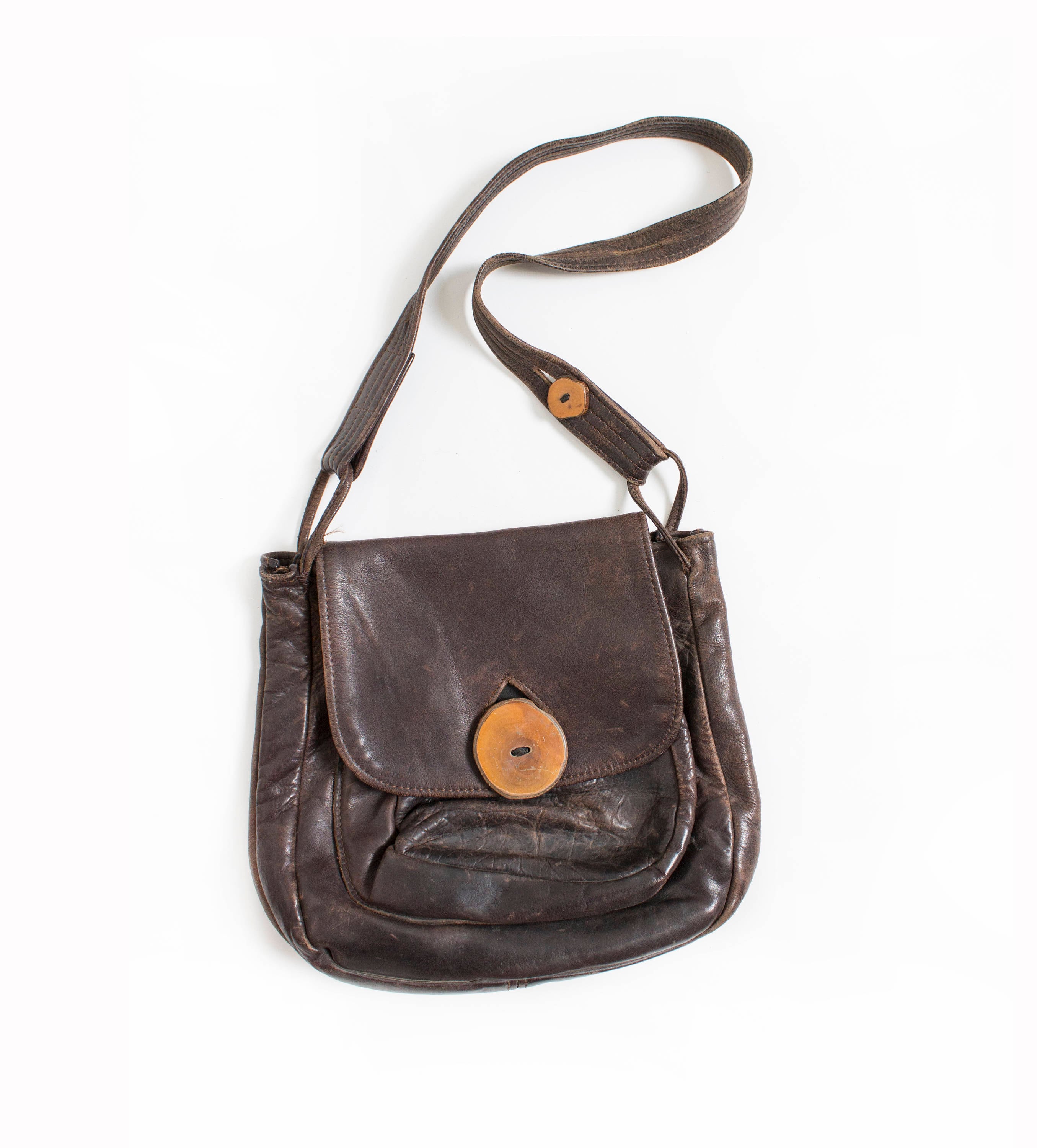Sac Bandoulière En Cuir Vintage Artisanal Marron - Style Bohème Hippie, Très Bon état (25x20x6 Cm)