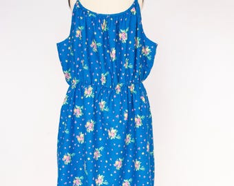 1970s Dress Floral Cotton Sleeveless Full Skirt XXL Extra Large Volup
