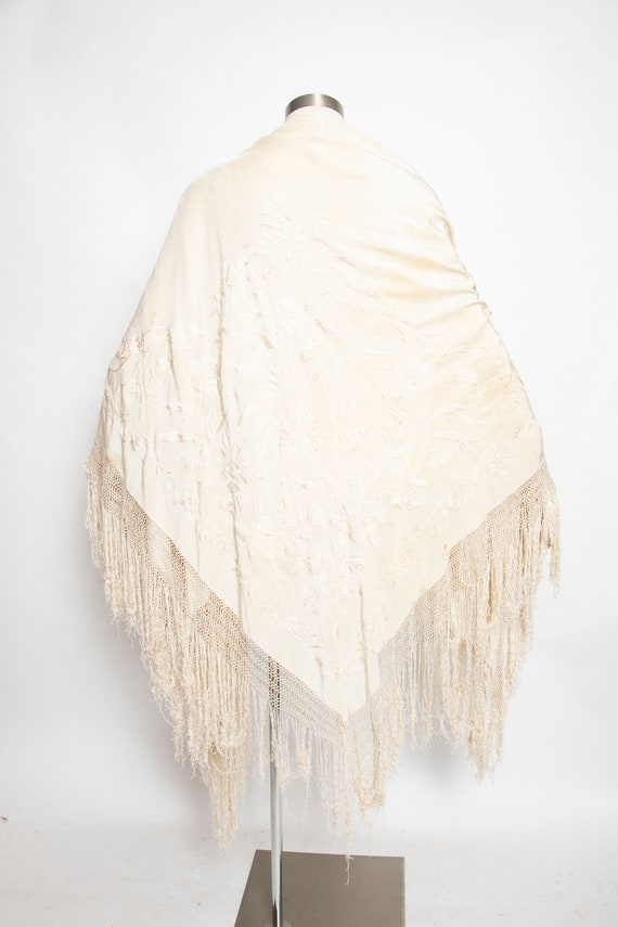 1920s Piano Shawl Cream Silk Embroidered Floral Fr