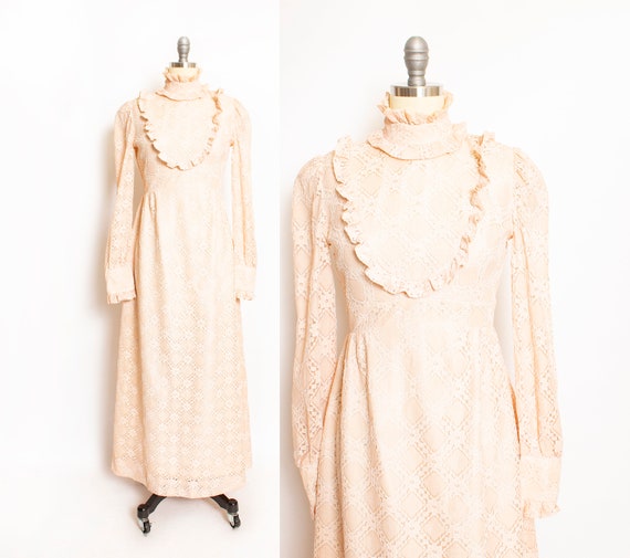 1970s Maxi Dress Beige Nude Lace Peasant Prairie S - image 1